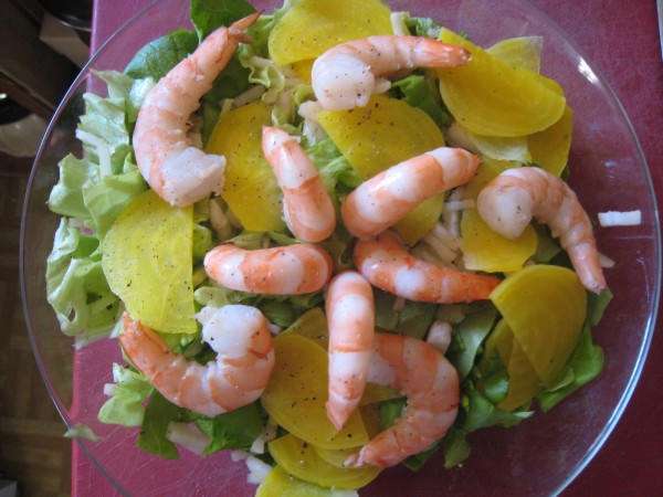 shrimp, beets, artichoke salad with lemon dressing